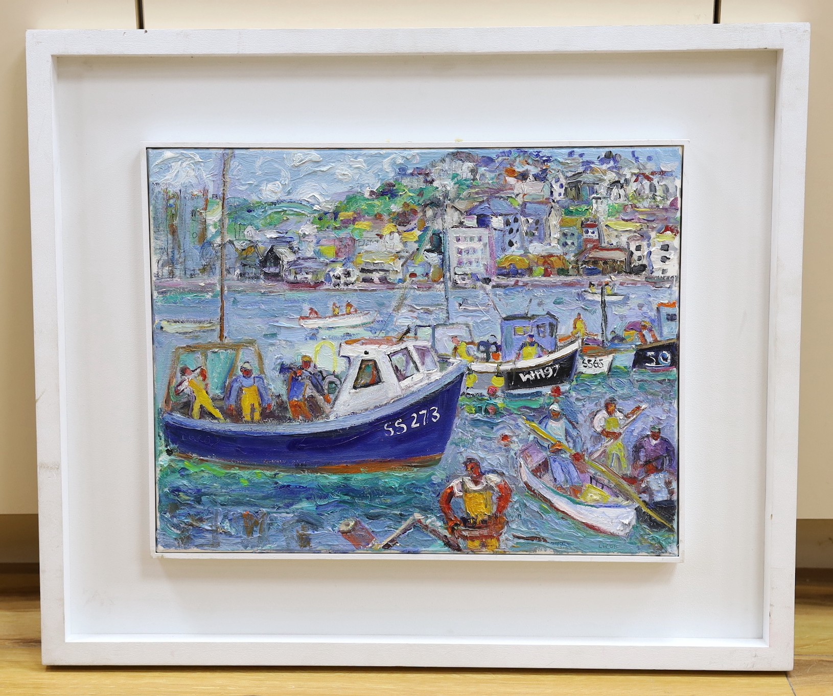 Linda Weir (1951-), oil on canvas, 'Men Coming Home, St Ives Harbour', signed and dated '08, 36 x 46 cm.